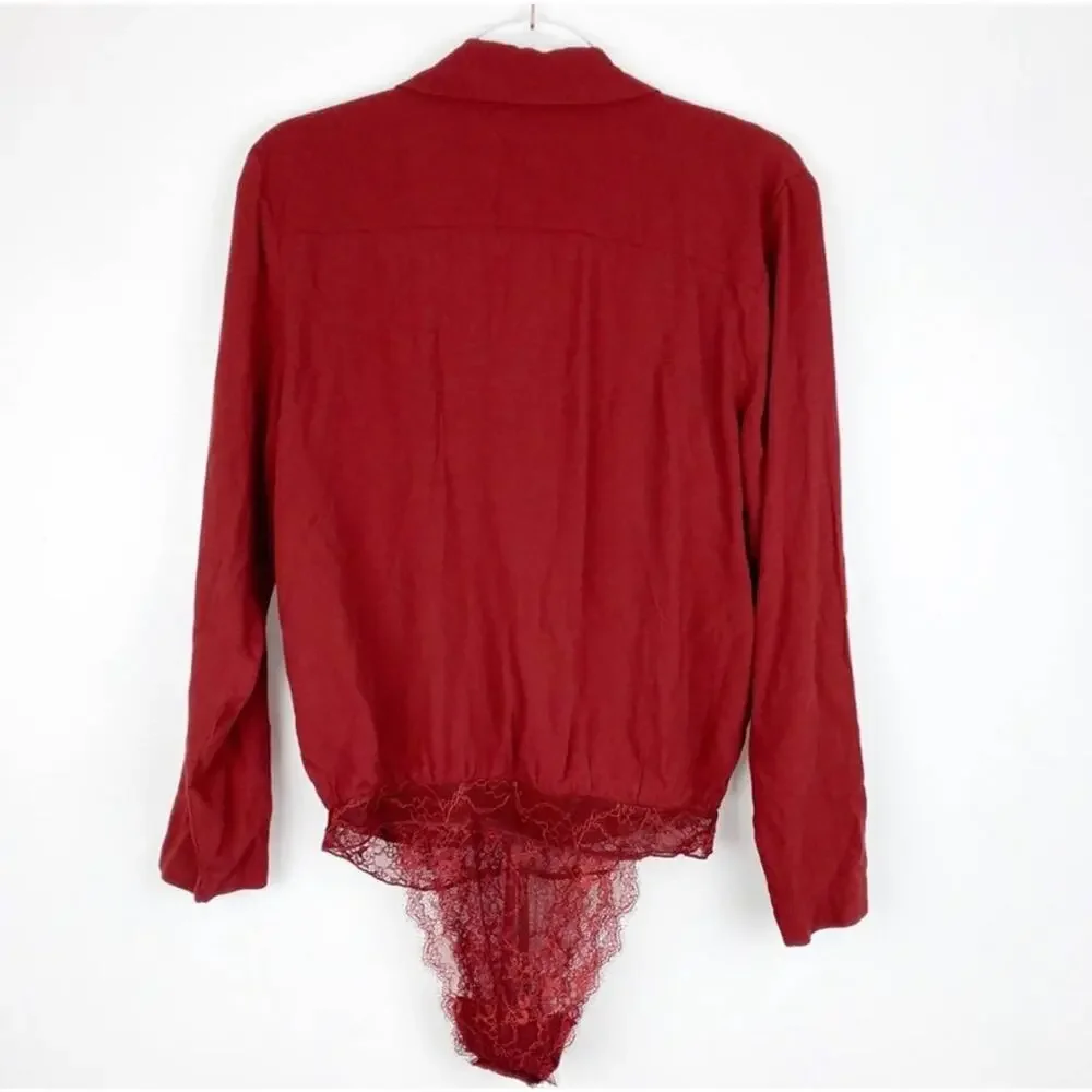 NEW NWT FREE PEOPLE Elsa Long Sleeve Deep Plunge Red Lace Blouse Bodysuit XS